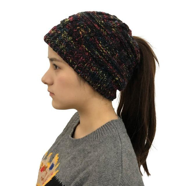 Ponytail Beanie Hat Woolen Stretch Crochet - tuttostyle4u