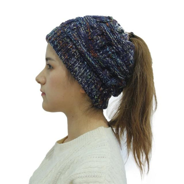 Ponytail Beanie Hat Woolen Stretch Crochet - tuttostyle4u