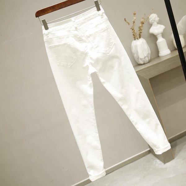 White Vintage High Waist Jeans  Women's slim Jeans Full Length - tuttostyle4u