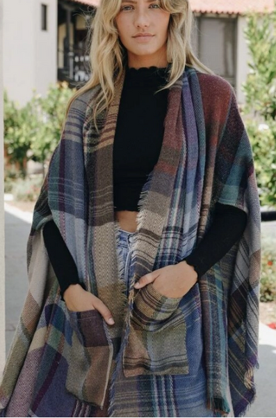 Ruana wraps for Women Multicolor Plaid Pocket Ruana Poncho shawl cardigan open front cape winter shawl - tuttostyle4u