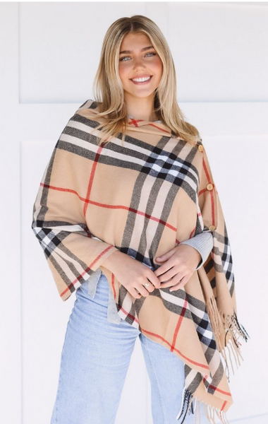 Ruana Plaid Blanket Scarf w/Buttons Women’s Large Shawl or Wrap Beige - tuttostyle4u