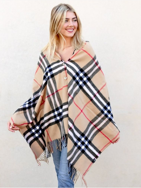 Ruana Plaid Blanket Scarf w/Buttons Women’s Large Shawl or Wrap Beige - tuttostyle4u