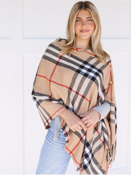 Ruana Plaid Blanket Scarf w/Buttons Women’s Large Shawl or Wrap Beige - tuttostyle4u