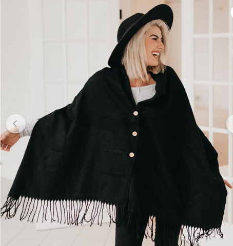 Ruana Blanket Scarf w/Buttons Women’s Large Shawl or Wrap Black - tuttostyle4u