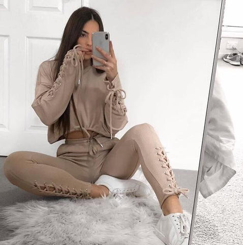 Set Workout Long Sleeve Suit Cotton Women Tracksuit Crop Top And Pants Set Lady - tuttostyle4u