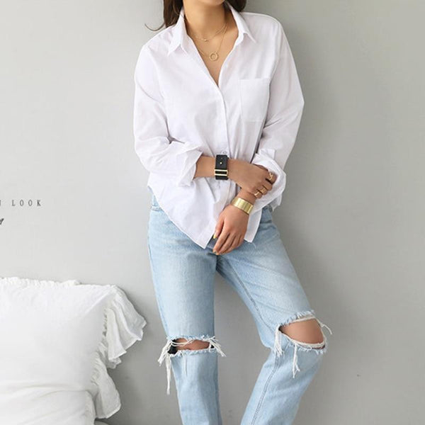 Simple Casual White Shirt Long Sleeve  One Pocket Women - tuttostyle4u