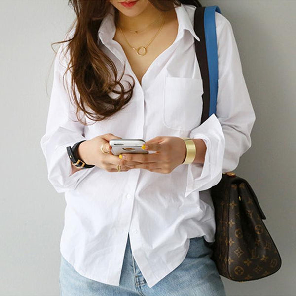 Simple Casual White Shirt Long Sleeve  One Pocket Women - tuttostyle4u