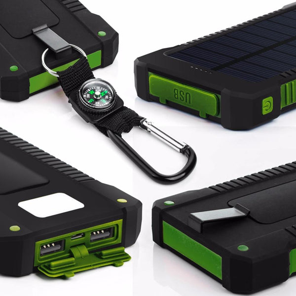 Solar Power Bank 10000mah Dual USB Li-Polymer Solar Battery Charger Waterproof - Travel With a compass LED light - tuttostyle4u