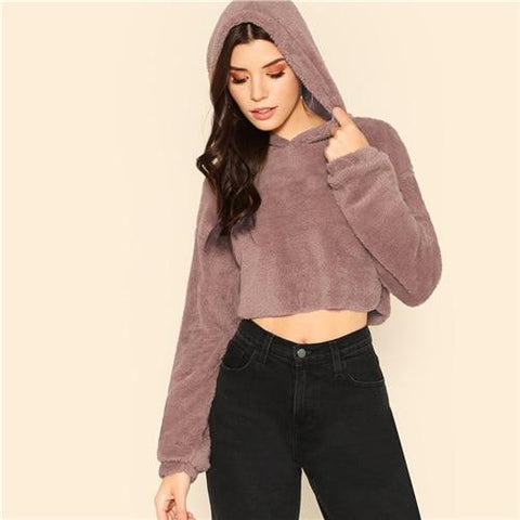 Solid Drop Shoulder Crop Teddy Hoodie Casual Pullovers - tuttostyle4u