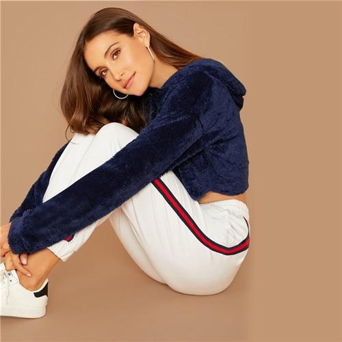 Solid Drop Shoulder Crop Teddy Hoodie Casual Pullovers - tuttostyle4u