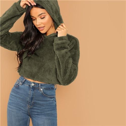 Solid Drop Shoulder Crop Teddy Hoodie Casual Pullovers - tuttostyle4u