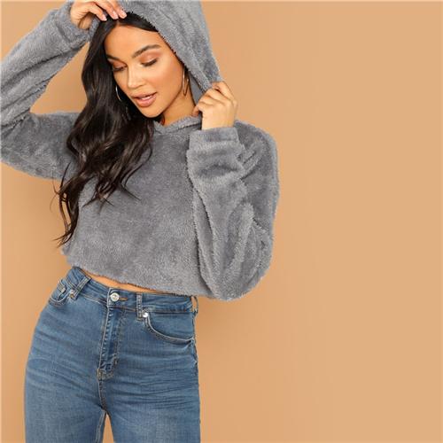 Solid Drop Shoulder Crop Teddy Hoodie Casual Pullovers - tuttostyle4u