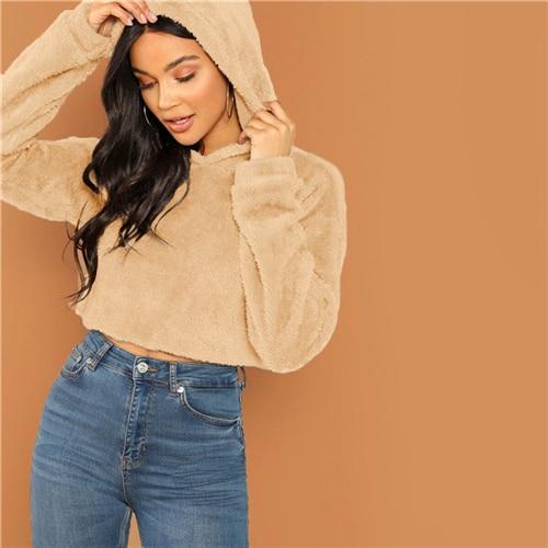 Solid Drop Shoulder Crop Teddy Hoodie Casual Pullovers - tuttostyle4u