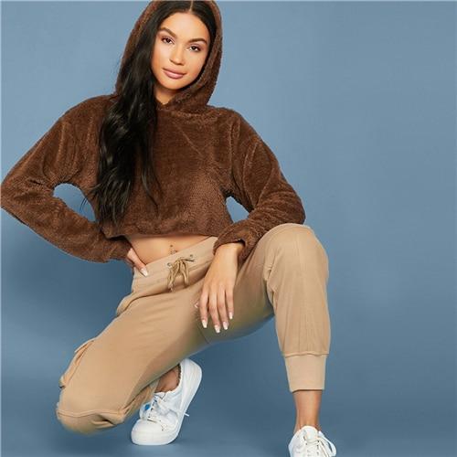 Solid Drop Shoulder Crop Teddy Hoodie Casual Pullovers - tuttostyle4u