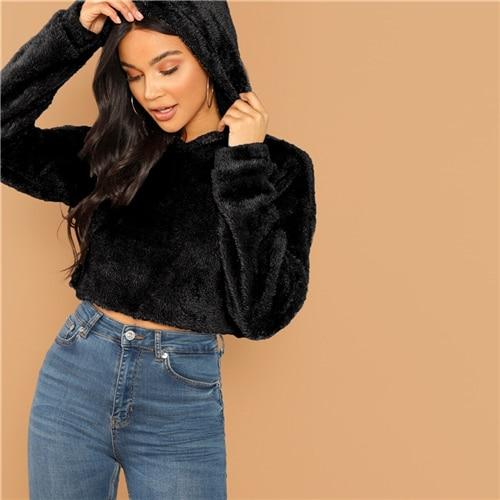 Solid Drop Shoulder Crop Teddy Hoodie Casual Pullovers - tuttostyle4u