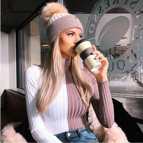 Turtleneck Sweater Patchwork knitting skinny - tuttostyle4u