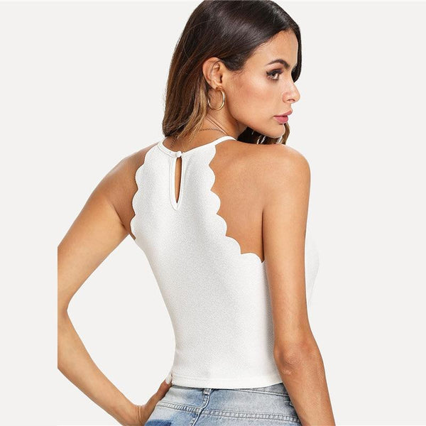 White Scallop Trim Halter Stretchy Top Women Button Plain - tuttostyle4u
