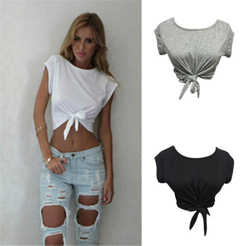 Women Knotted Tie Front Crop Tops Cropped T Shirt - tuttostyle4u