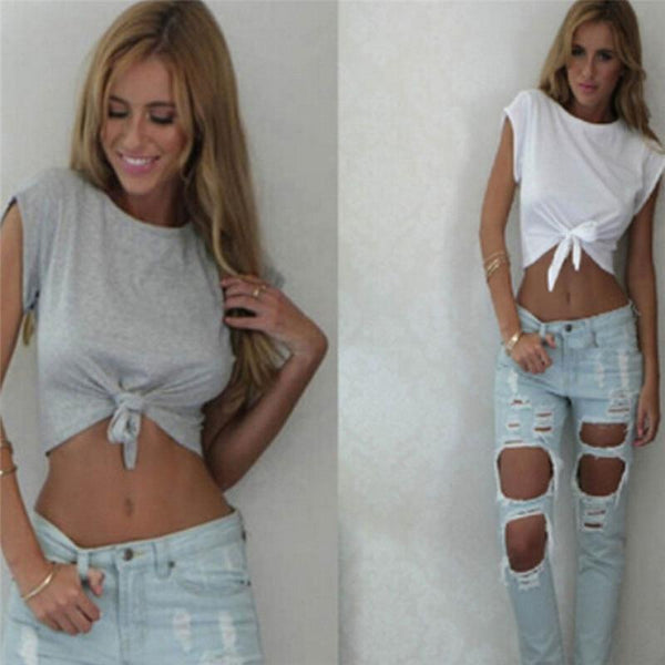 Women Knotted Tie Front Crop Tops Cropped T Shirt - tuttostyle4u