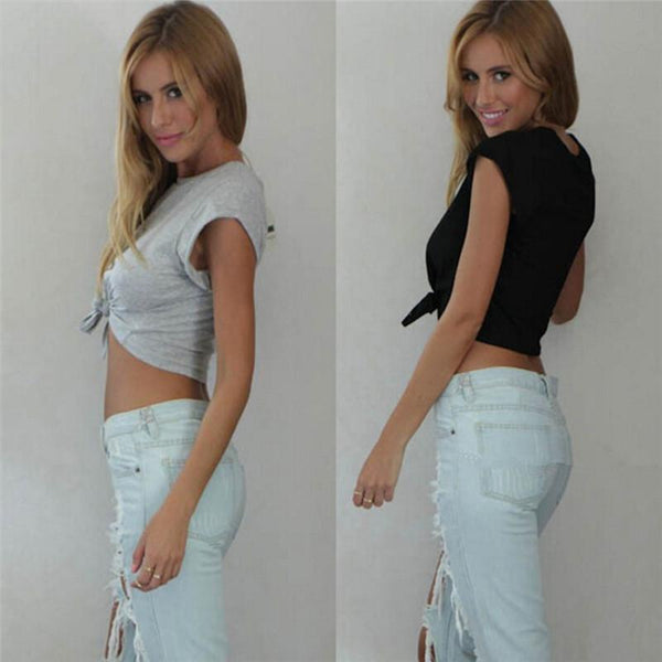 Women Knotted Tie Front Crop Tops Cropped T Shirt - tuttostyle4u