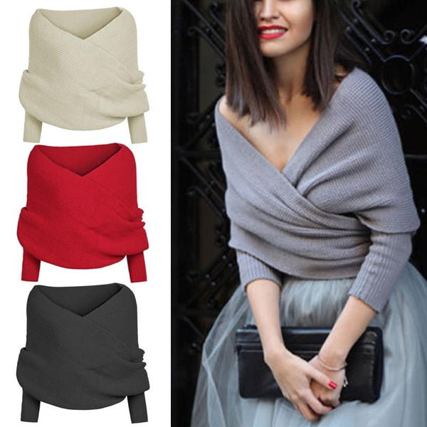 Women solid color Knitted Sweater Tops Scarf with Sleeve Wrap Winter Warm - tuttostyle4u