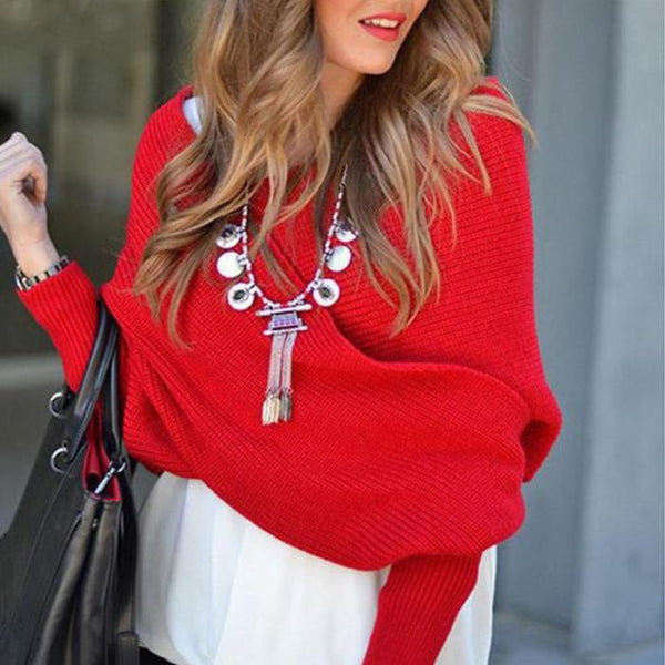 Women solid color Knitted Sweater Tops Scarf with Sleeve Wrap Winter Warm - tuttostyle4u