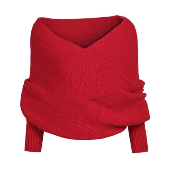 Women solid color Knitted Sweater Tops Scarf with Sleeve Wrap Winter Warm - tuttostyle4u