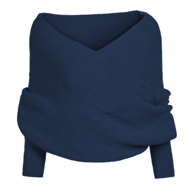 Women solid color Knitted Sweater Tops Scarf with Sleeve Wrap Winter Warm - tuttostyle4u