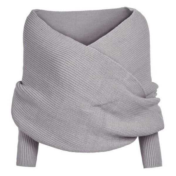 Women solid color Knitted Sweater Tops Scarf with Sleeve Wrap Winter Warm - tuttostyle4u