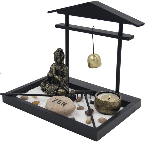 Zen Rock Garden Meditating Statue Bell Rake Sand Candle Burner Tray - tuttostyle4u