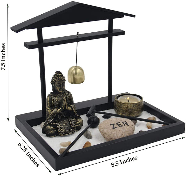 Zen Rock Garden Meditating Statue Bell Rake Sand Candle Burner Tray - tuttostyle4u