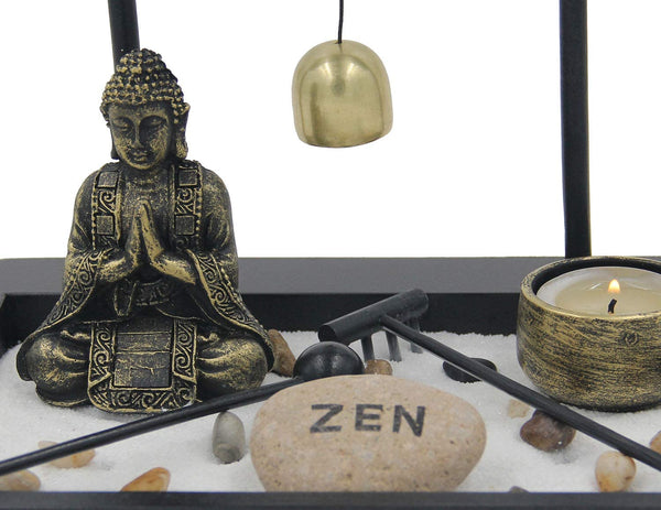 Zen Rock Garden Meditating Statue Bell Rake Sand Candle Burner Tray - tuttostyle4u