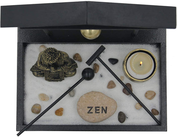 Zen Rock Garden Meditating Statue Bell Rake Sand Candle Burner Tray - tuttostyle4u